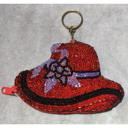 Vintage Red Hat Society Glass Beaded Keychain Coin Purse