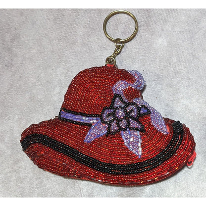 Vintage Red Hat Society Glass Beaded Keychain Coin Purse