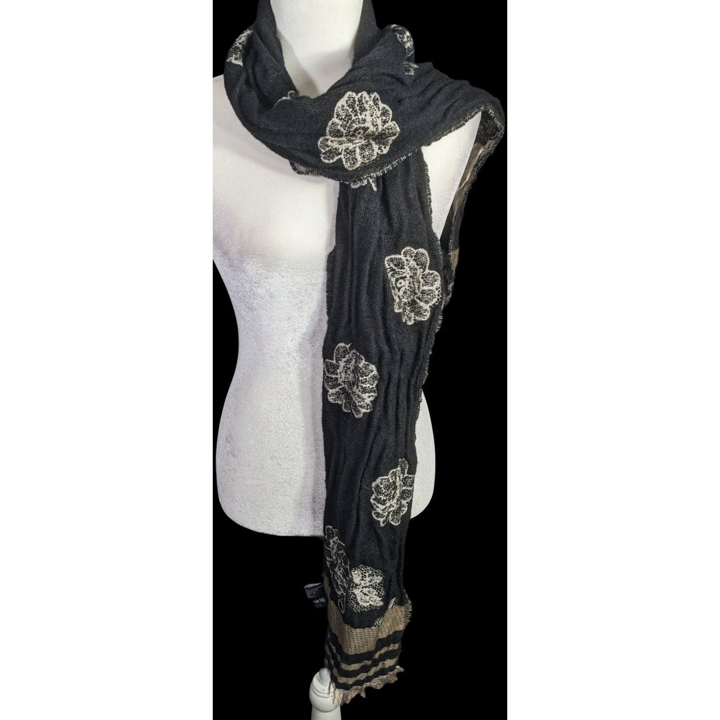 Vintage Guillaume De Mon Paris Black Floral Scarf Made In France 75" x 8"