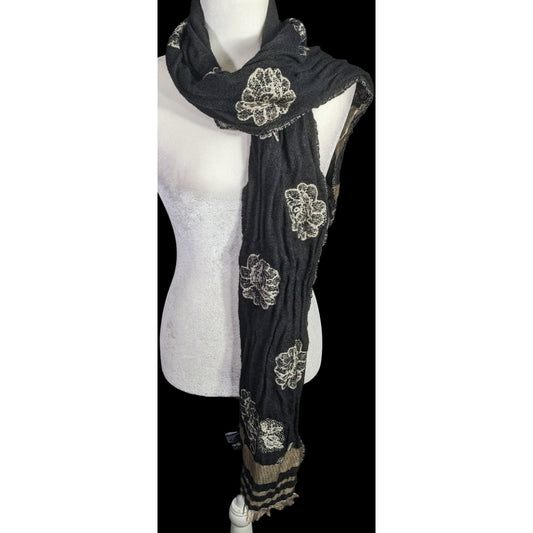Vintage Guillaume De Mon Paris Black Floral Scarf Made In France 75" x 8"
