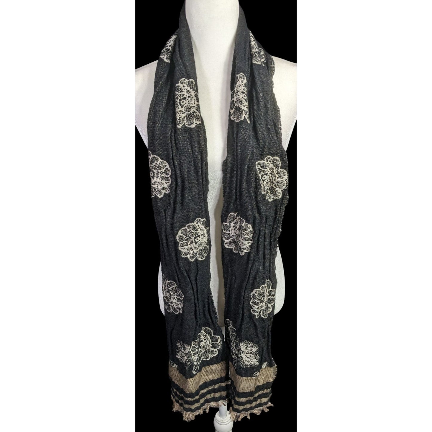 Vintage Guillaume De Mon Paris Black Floral Scarf Made In France 75" x 8"