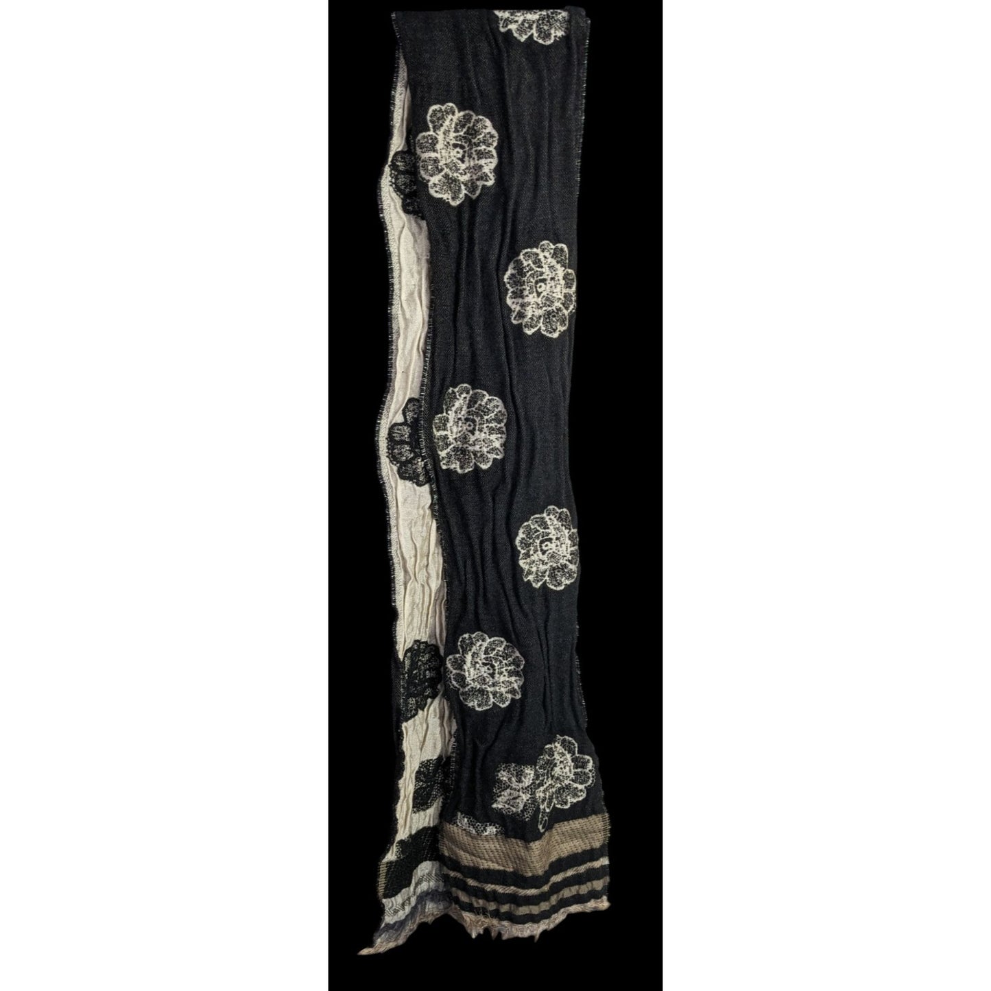Vintage Guillaume De Mon Paris Black Floral Scarf Made In France 75" x 8"