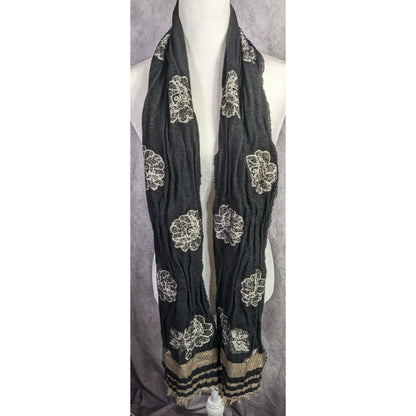 Vintage Guillaume De Mon Paris Black Floral Scarf Made In France 75" x 8"
