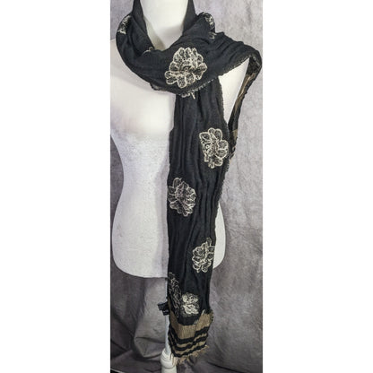 Vintage Guillaume De Mon Paris Black Floral Scarf Made In France 75" x 8"
