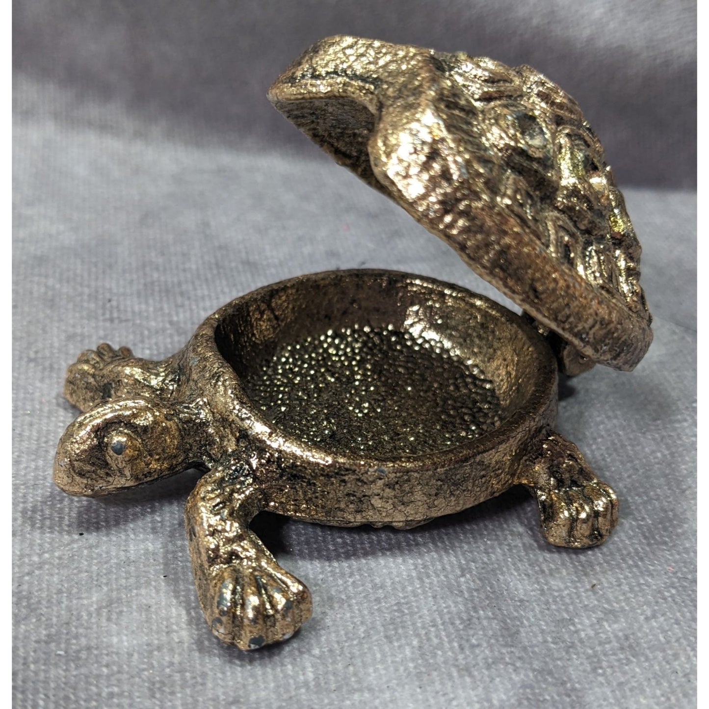 Vintage Gold Tone Hinged Figural Turtle Trinket Box