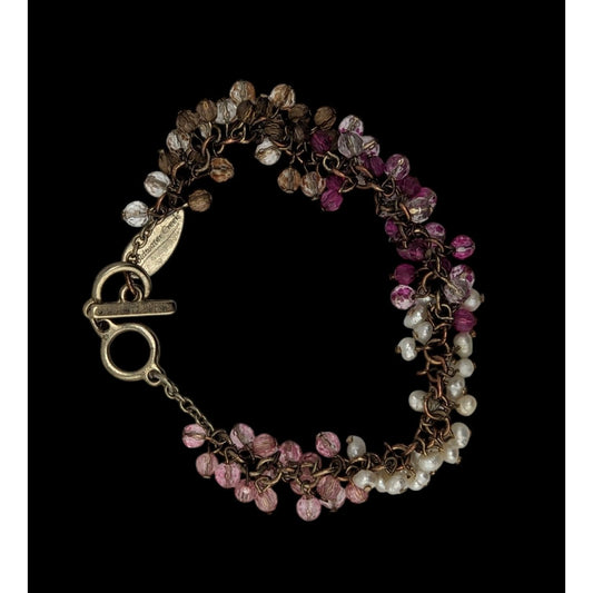 Vintage Coldwater Creek Beaded Bracelet Pink Pearl Cluster Charm Bracelet Bronze Tone Romantic Boho Cottagecore