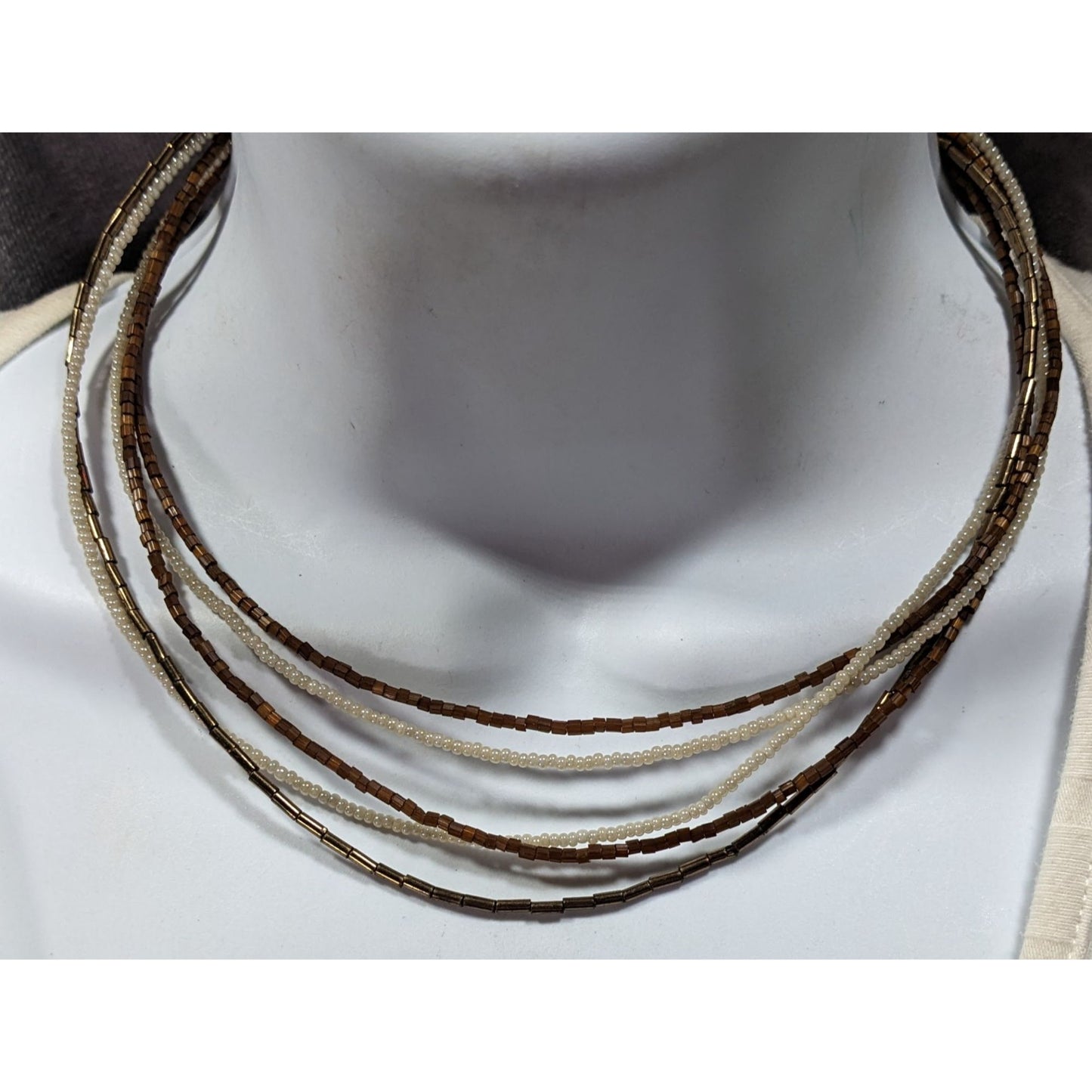 NY Earthy Glass Beaded Brown And White Layered Necklace