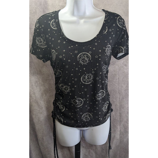 Celestial Sun & Moon Print  Black Ribbed Knit Top With Adjustable Side Drawstrings