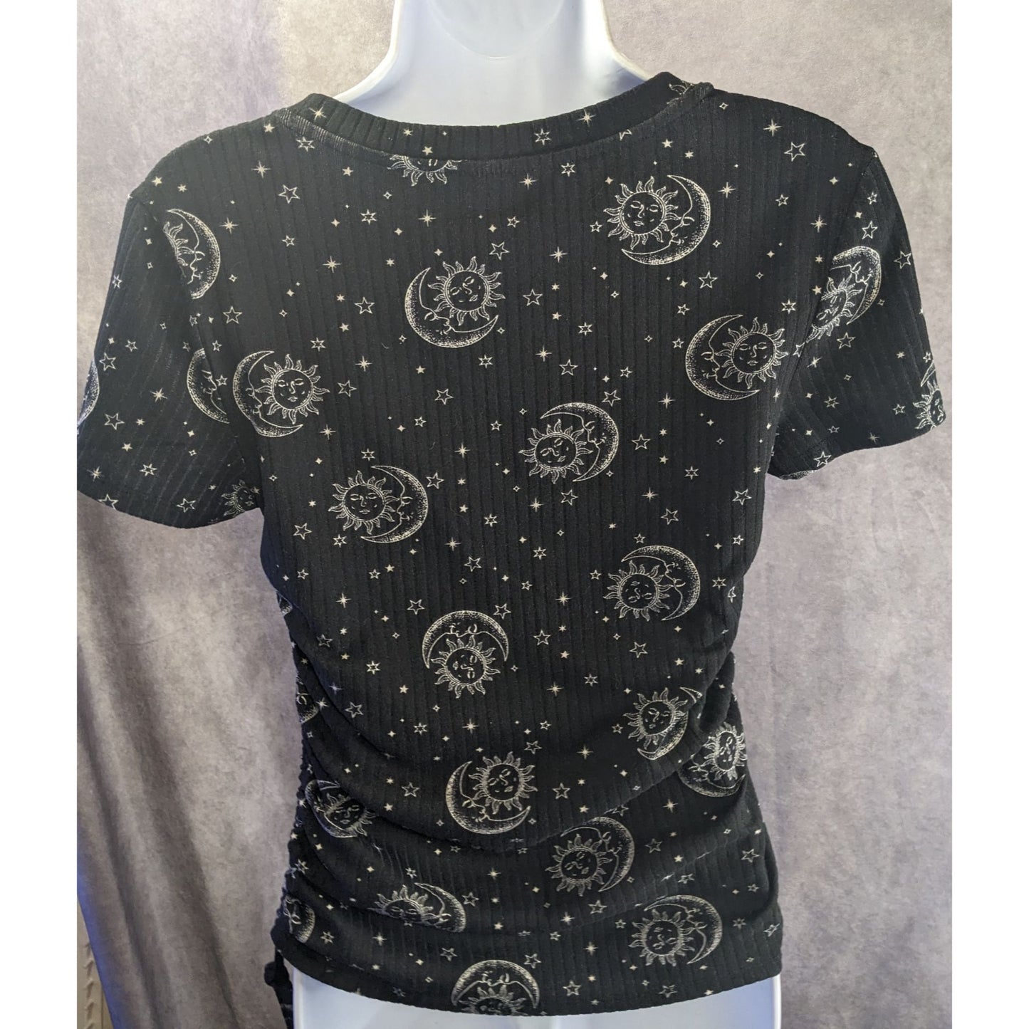 Celestial Sun & Moon Print  Black Ribbed Knit Top With Adjustable Side Drawstrings