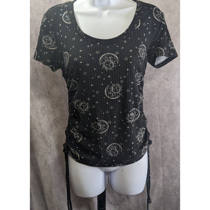 Celestial Sun & Moon Print  Black Ribbed Knit Top With Adjustable Side Drawstrings