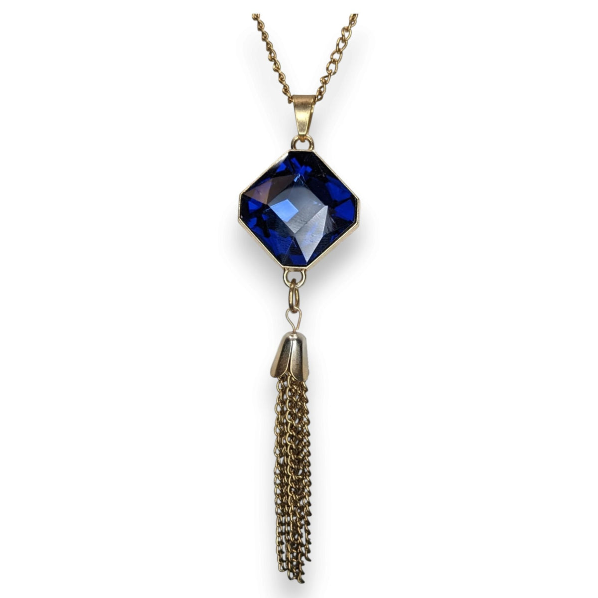 Vintage Art Deco Glam Sapphire Blue Faceted Crystal Tassel Necklace 23 Inch