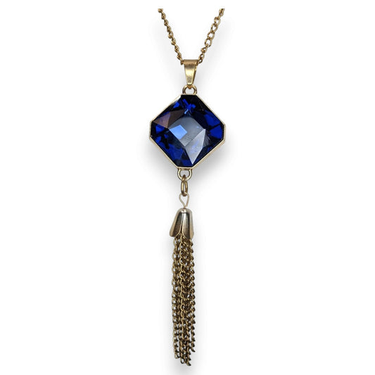 Vintage Art Deco Glam Sapphire Blue Faceted Crystal Tassel Necklace 23 Inch