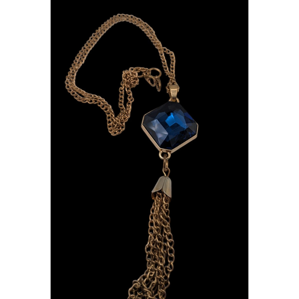Vintage Art Deco Glam Sapphire Blue Faceted Crystal Tassel Necklace 23 Inch