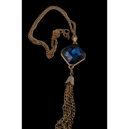 Vintage Art Deco Glam Sapphire Blue Faceted Crystal Tassel Necklace 23 Inch