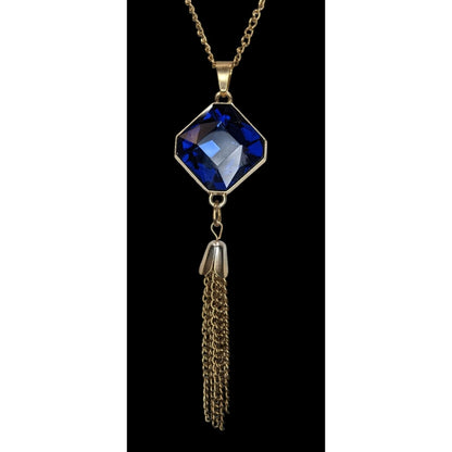 Vintage Art Deco Glam Sapphire Blue Faceted Crystal Tassel Necklace 23 Inch