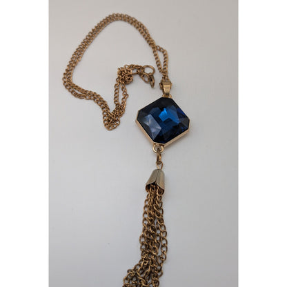 Vintage Art Deco Glam Sapphire Blue Faceted Crystal Tassel Necklace 23 Inch
