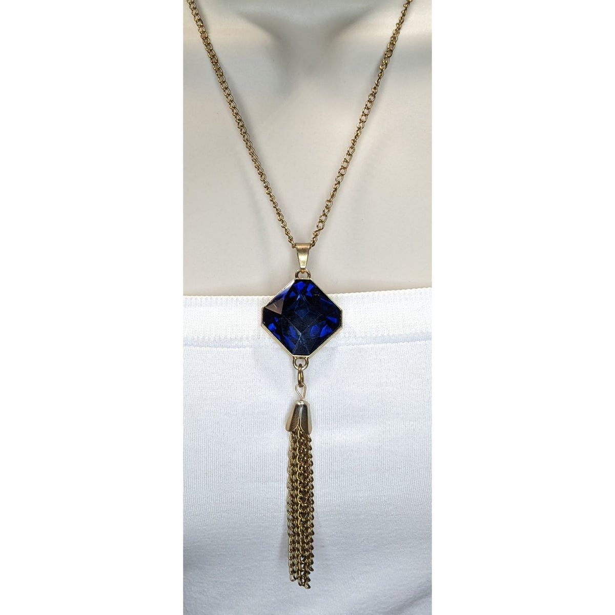 Vintage Art Deco Glam Sapphire Blue Faceted Crystal Tassel Necklace 23 Inch