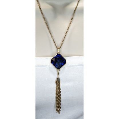Vintage Art Deco Glam Sapphire Blue Faceted Crystal Tassel Necklace 23 Inch