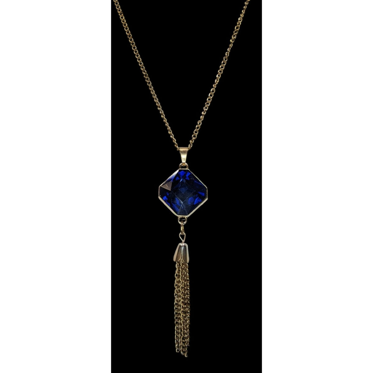 Vintage Art Deco Glam Sapphire Blue Faceted Crystal Tassel Necklace 23 Inch