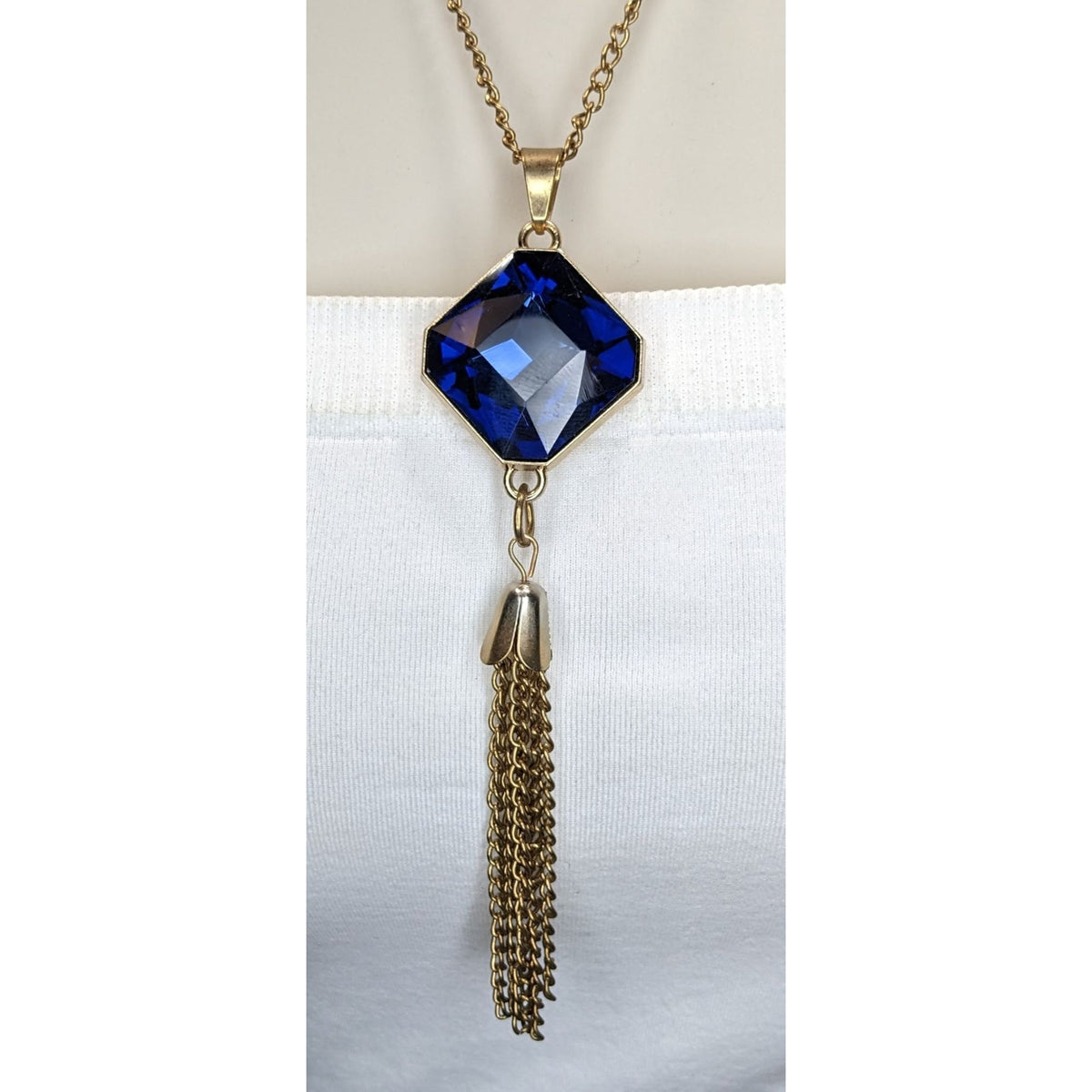Vintage Art Deco Glam Sapphire Blue Faceted Crystal Tassel Necklace 23 Inch