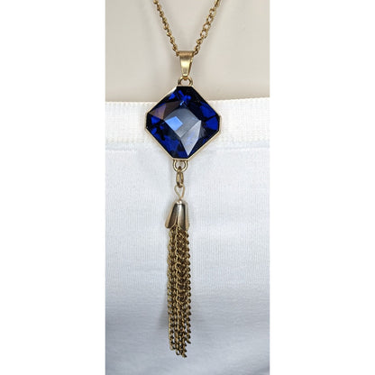 Vintage Art Deco Glam Sapphire Blue Faceted Crystal Tassel Necklace 23 Inch