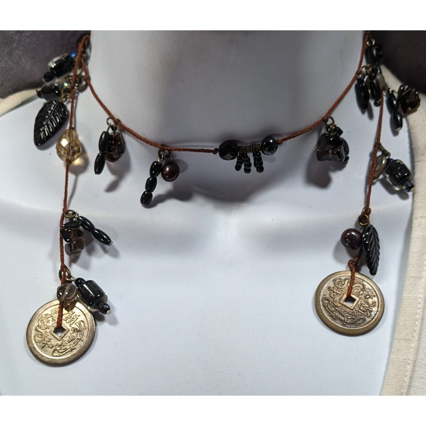 Handmade Glass Charm Wrap Necklace With Vintage Coin Accents