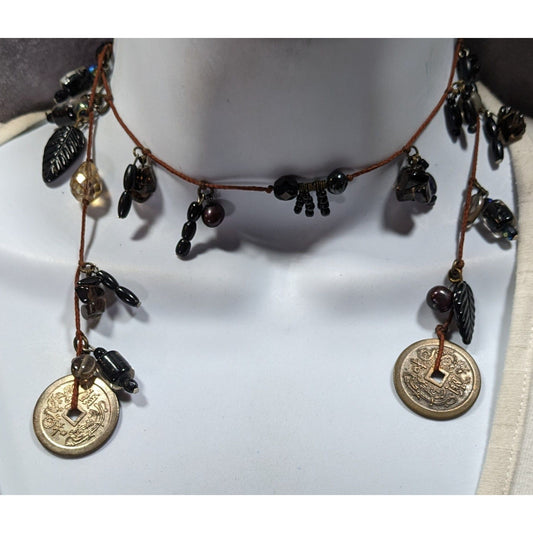 Handmade Glass Charm Wrap Necklace With Vintage Coin Accents