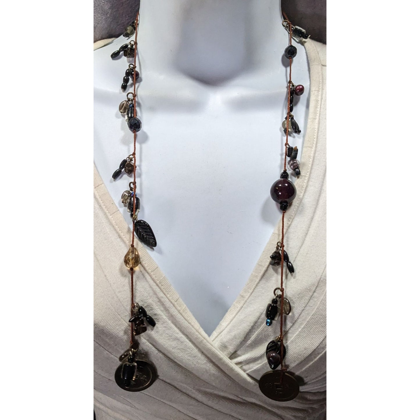 Handmade Glass Charm Wrap Necklace With Vintage Coin Accents