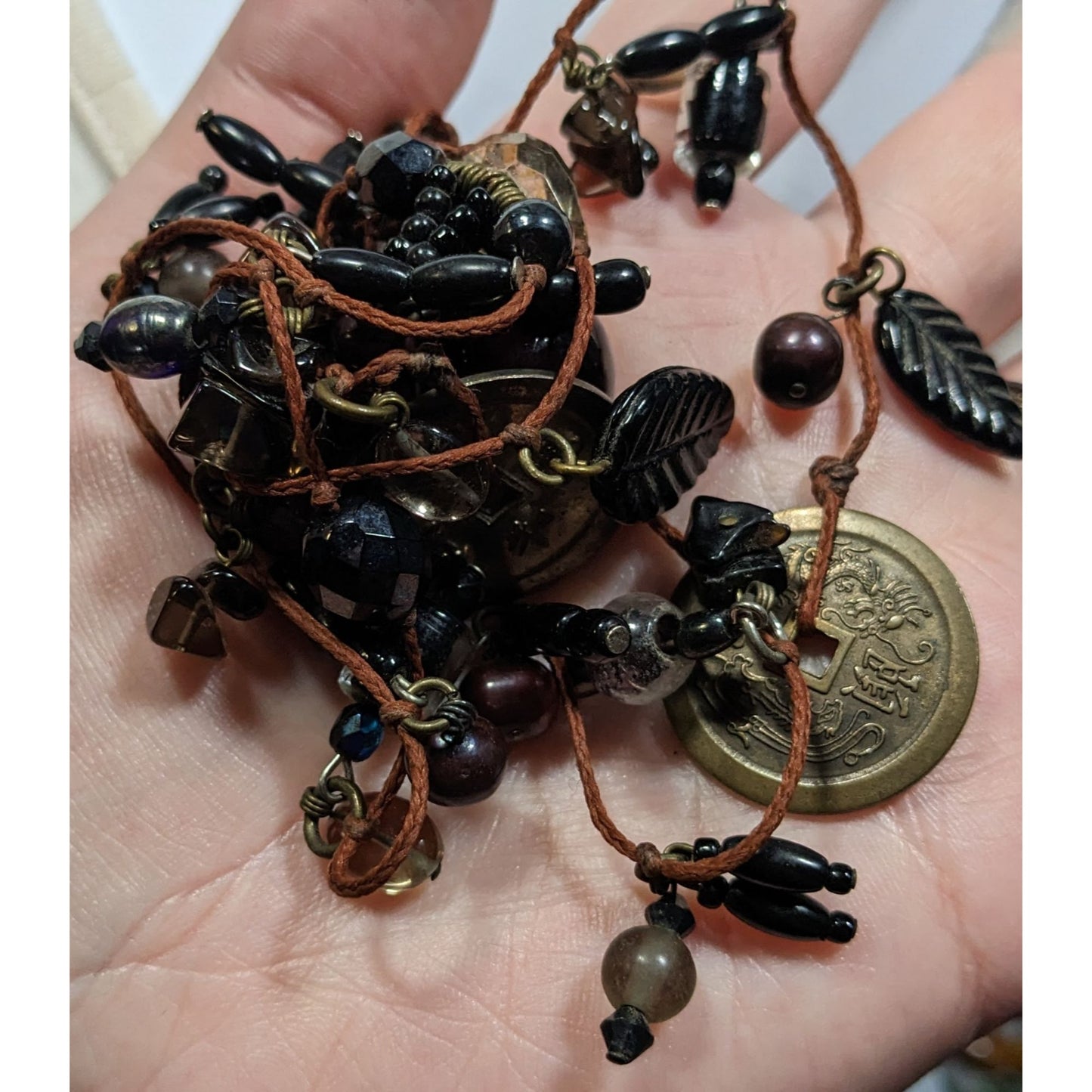 Handmade Glass Charm Wrap Necklace With Vintage Coin Accents