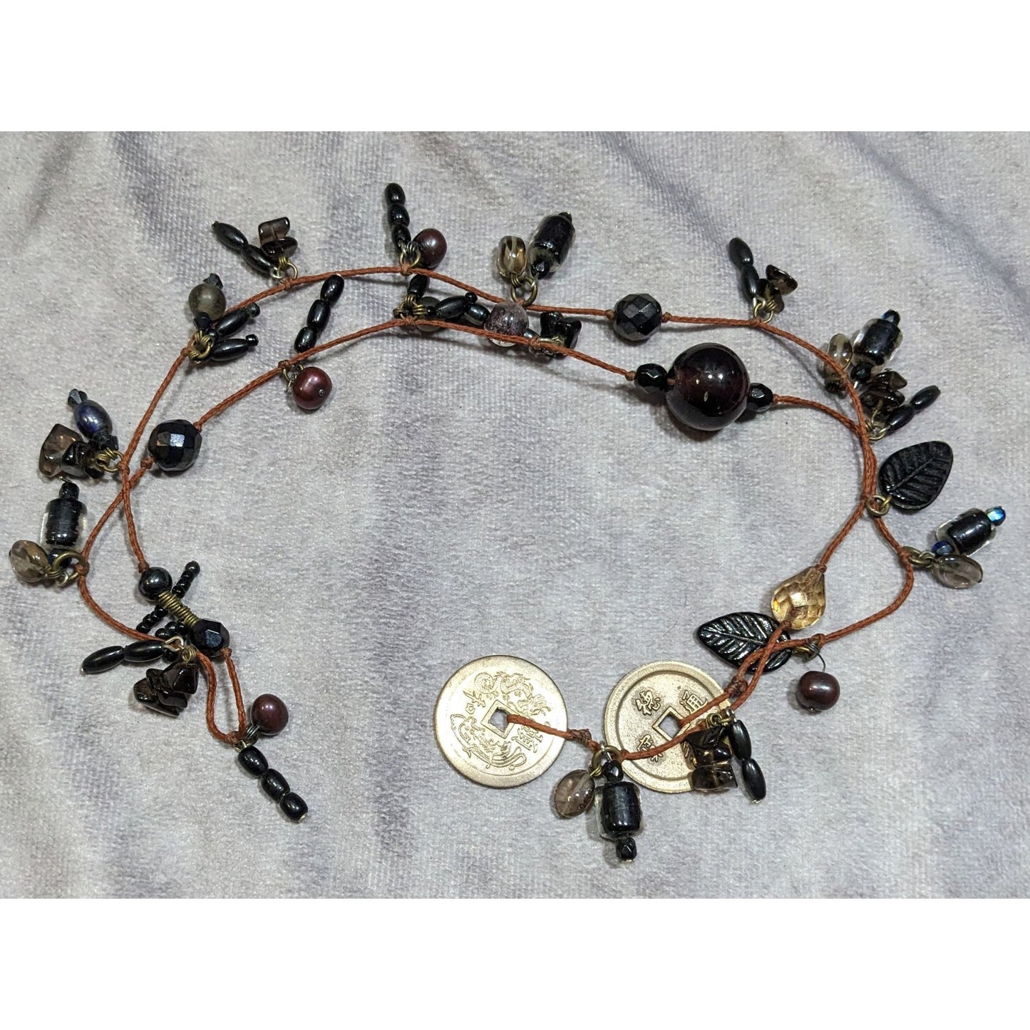 Handmade Glass Charm Wrap Necklace With Vintage Coin Accents