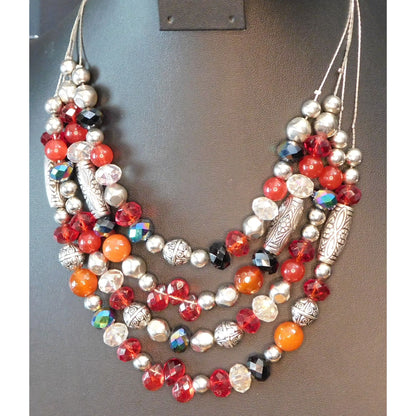 Multilayer Glass And Metal Beaded Layered Necklace
