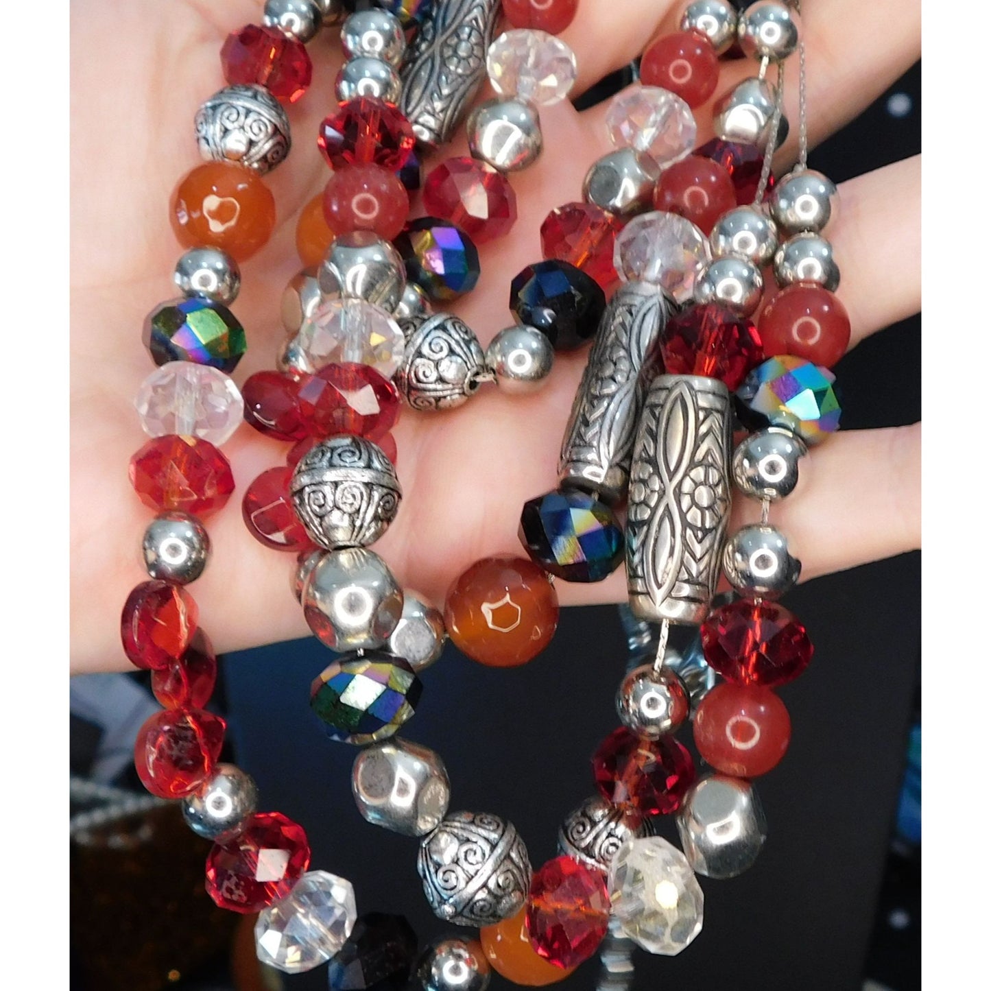 Multilayer Glass And Metal Beaded Layered Necklace