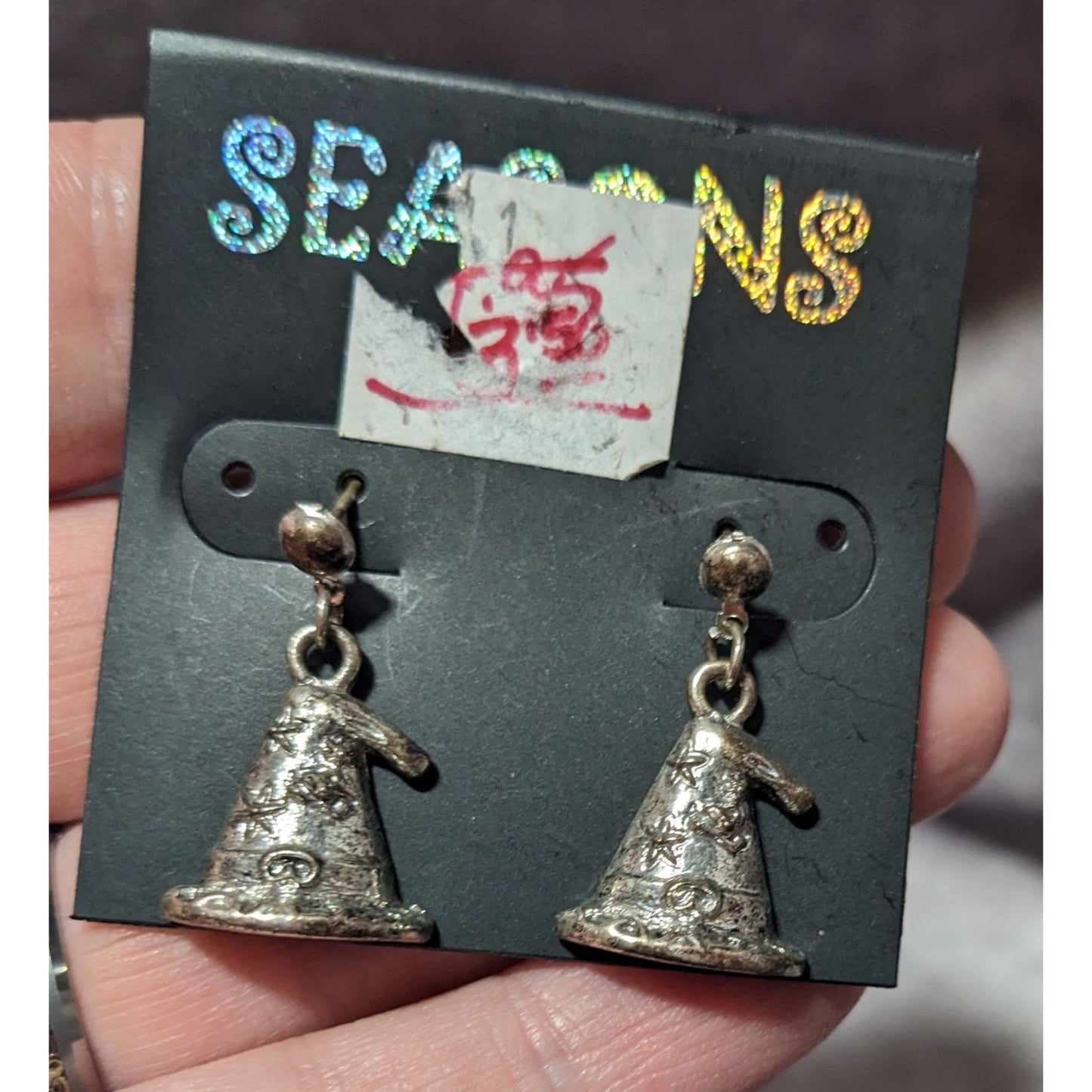 Seasons Silver Tone Wizard Hat Dangle Earrings