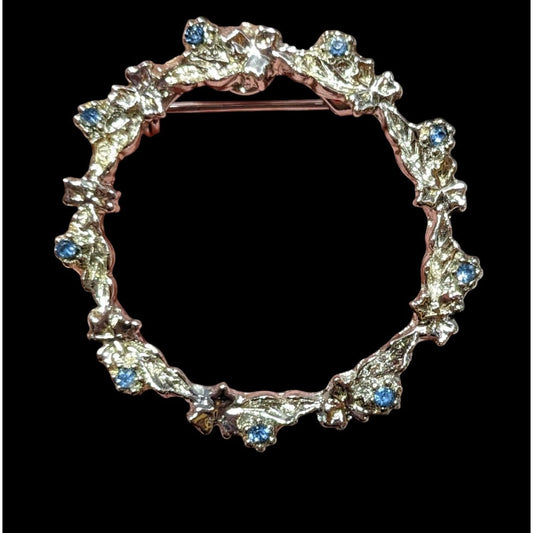 Dainty Blue And Silver Floral Rhinestone Wreath Brooch