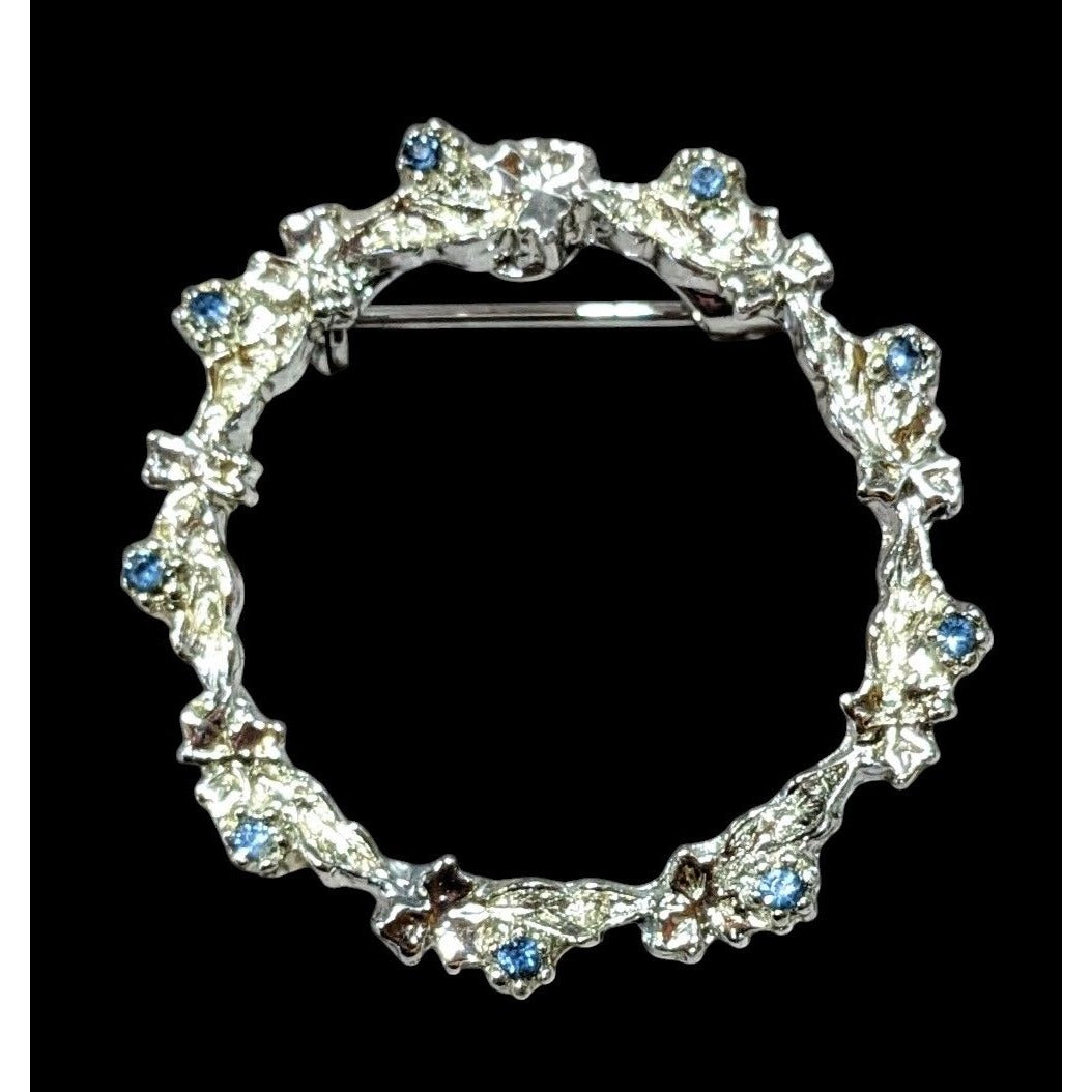 Dainty Blue And Silver Floral Rhinestone Wreath Brooch