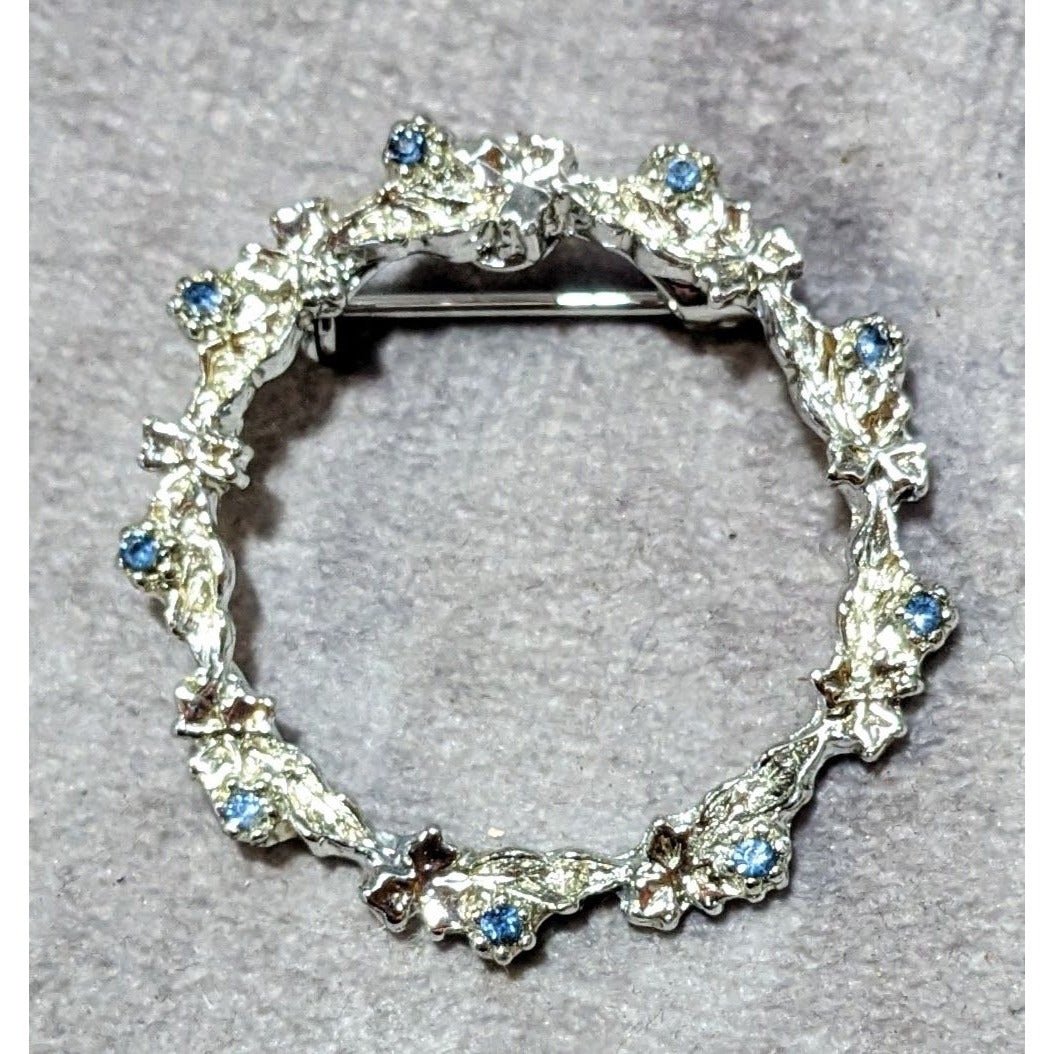 Dainty Blue And Silver Floral Rhinestone Wreath Brooch