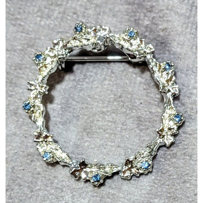 Dainty Blue And Silver Floral Rhinestone Wreath Brooch