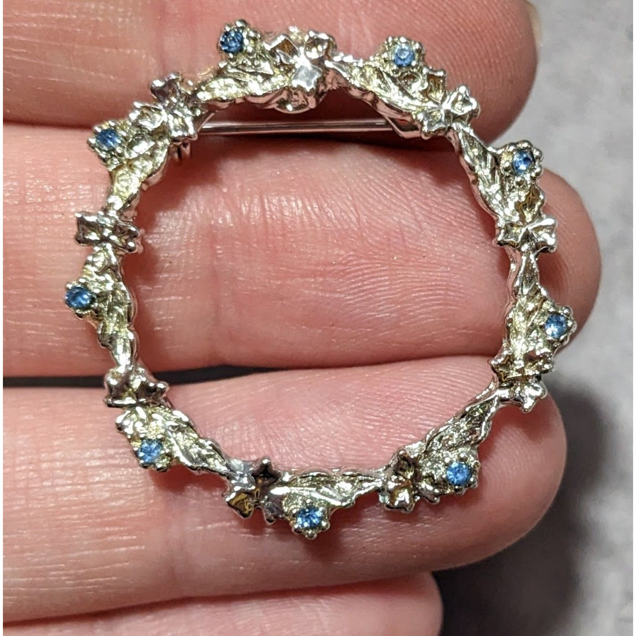 Dainty Blue And Silver Floral Rhinestone Wreath Brooch