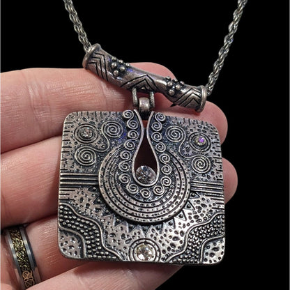 Southwestern Style Geometric Silver Tone Engraved Pendant Necklace