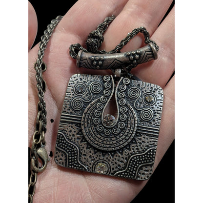Southwestern Style Geometric Silver Tone Engraved Pendant Necklace