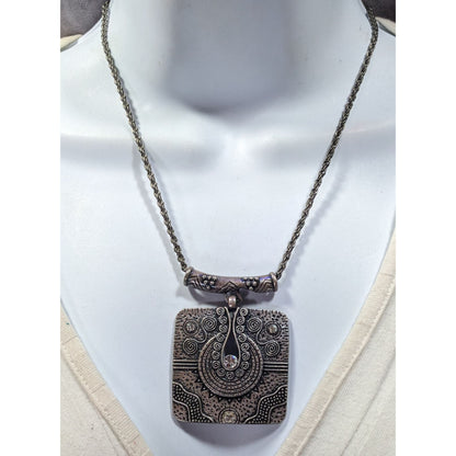 Southwestern Style Geometric Silver Tone Engraved Pendant Necklace