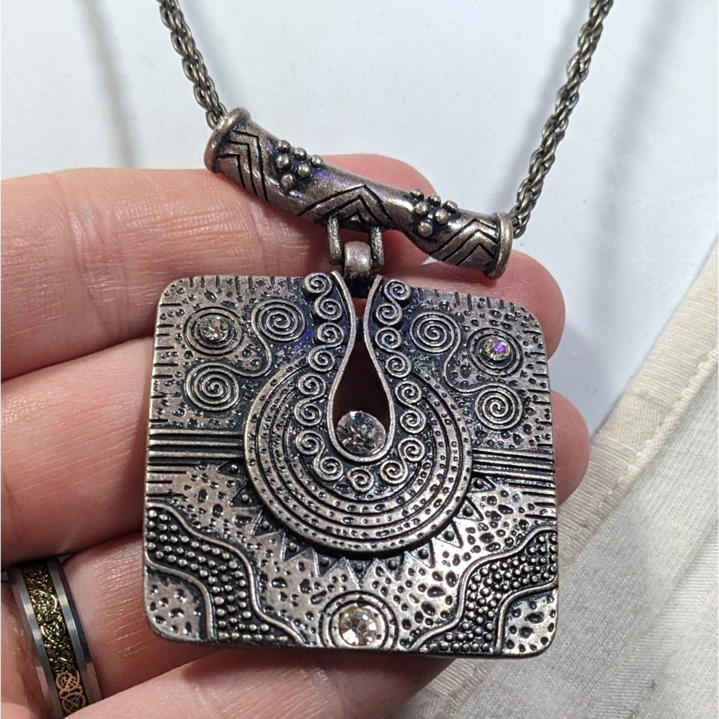 Southwestern Style Geometric Silver Tone Engraved Pendant Necklace