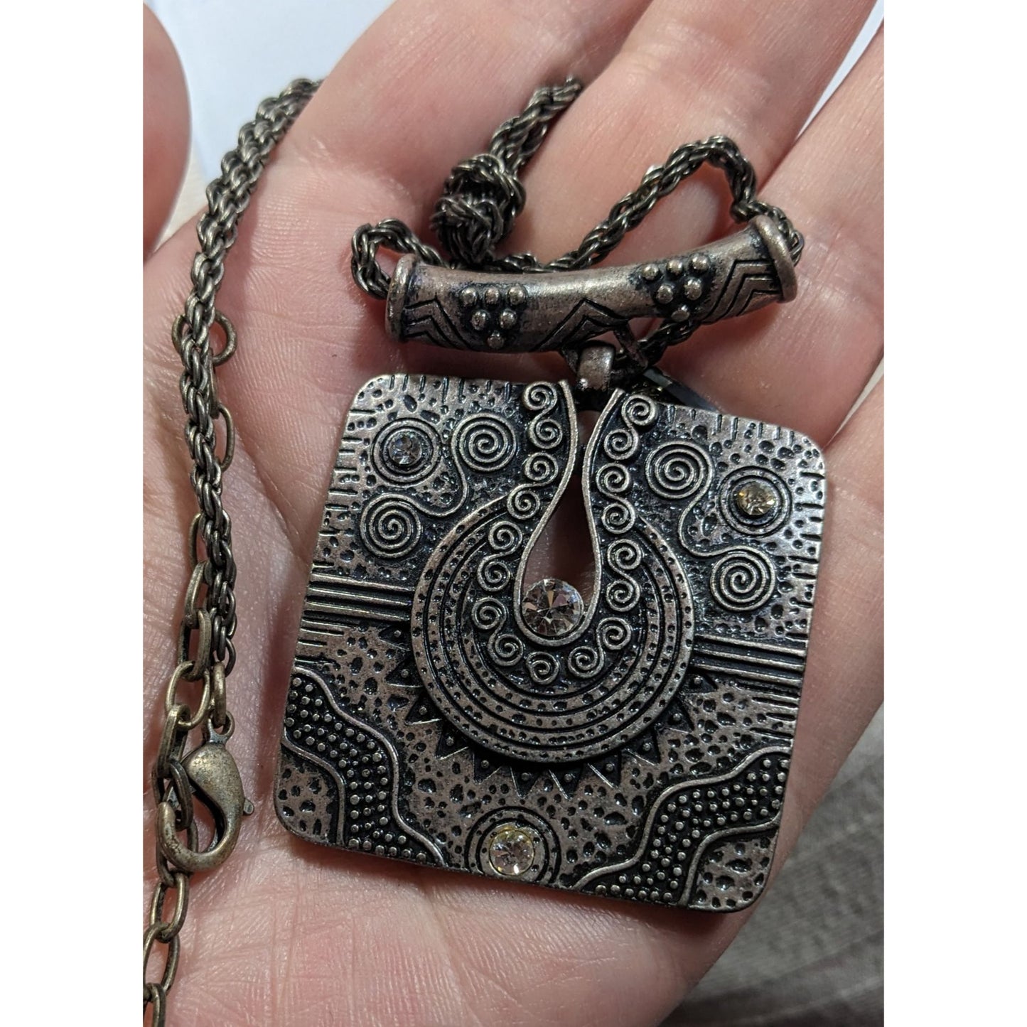 Southwestern Style Geometric Silver Tone Engraved Pendant Necklace
