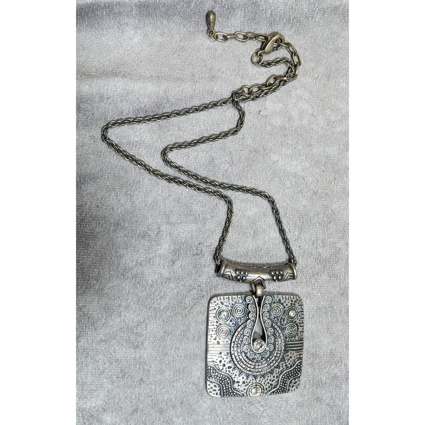 Southwestern Style Geometric Silver Tone Engraved Pendant Necklace