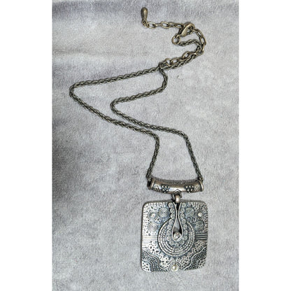 Southwestern Style Geometric Silver Tone Engraved Pendant Necklace