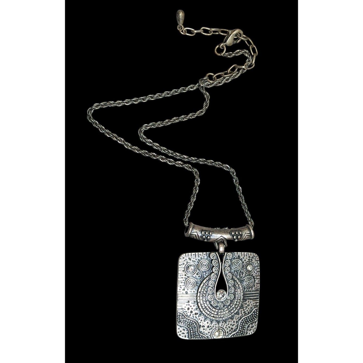 Southwestern Style Geometric Silver Tone Engraved Pendant Necklace