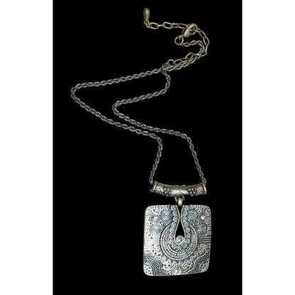 Southwestern Style Geometric Silver Tone Engraved Pendant Necklace