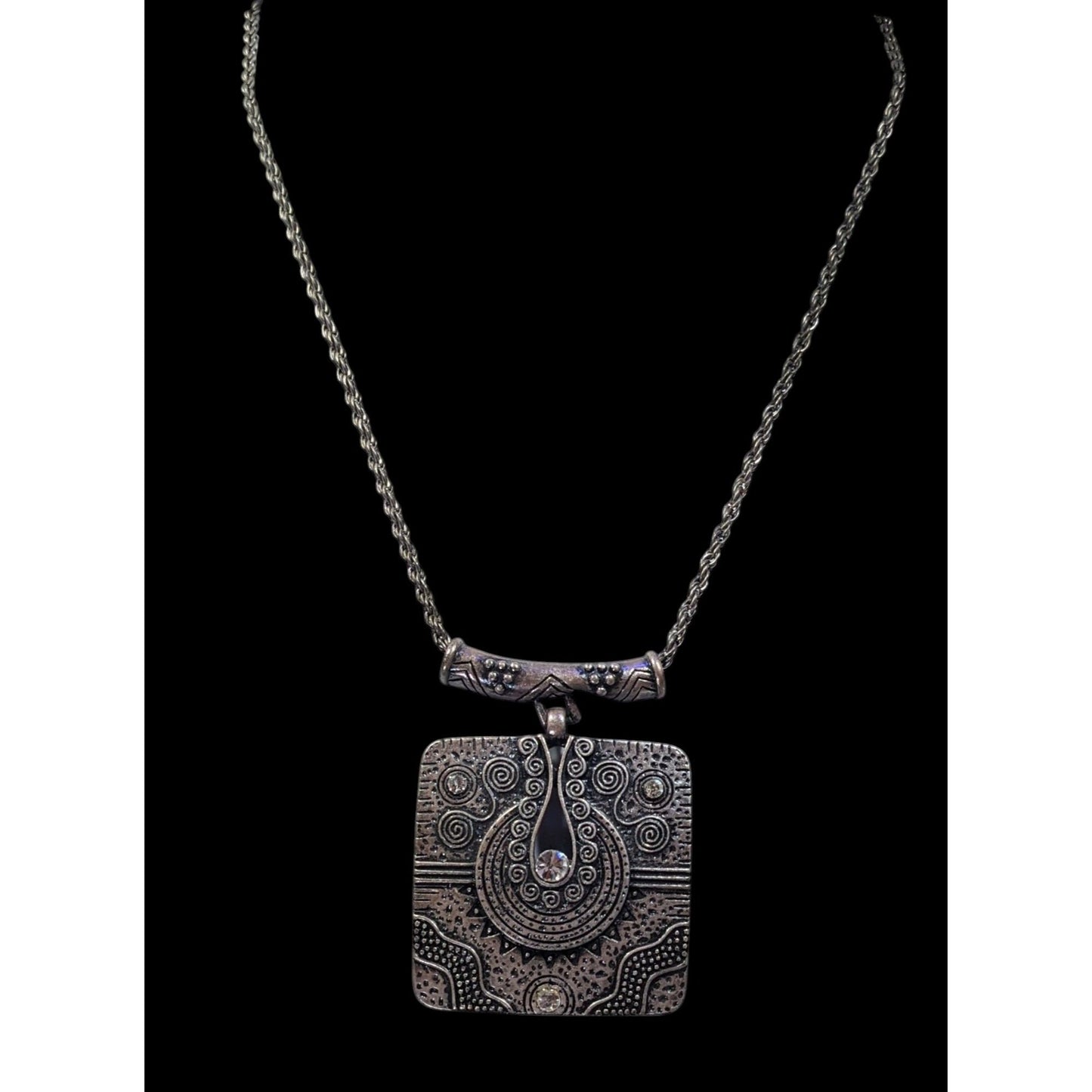 Southwestern Style Geometric Silver Tone Engraved Pendant Necklace