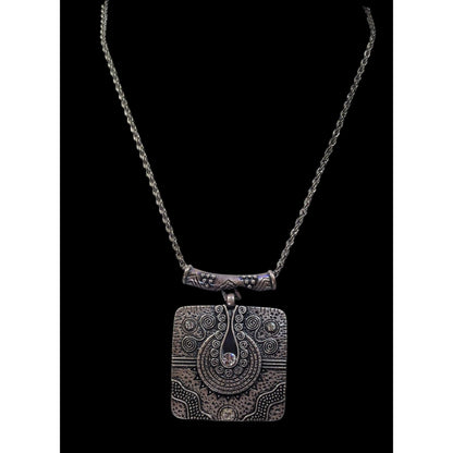 Southwestern Style Geometric Silver Tone Engraved Pendant Necklace