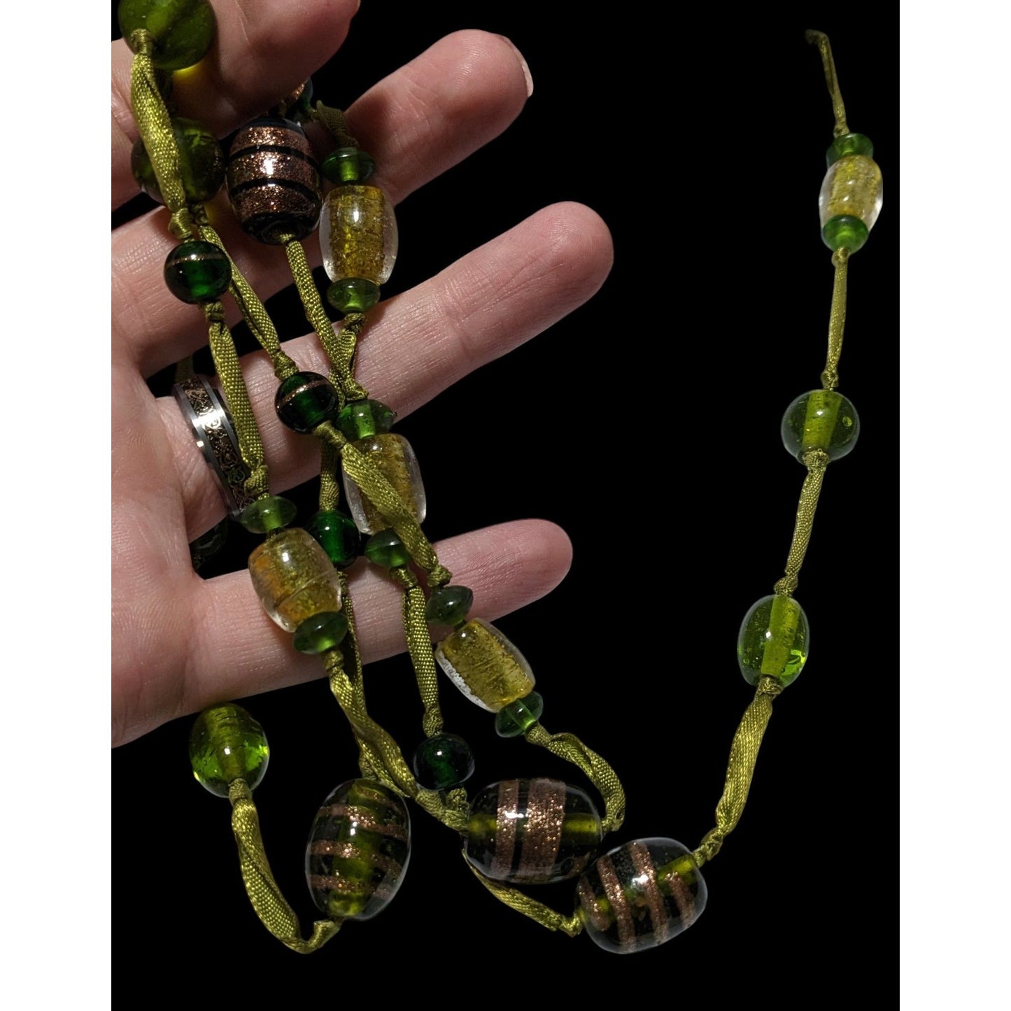 Handmade Green Glass Beaded Ribbon Necklace